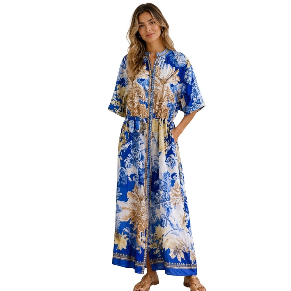 New BILLY J Womens Size XXXL Claudelle Maxi Blue/Yellow Dress Cottagecore Silk